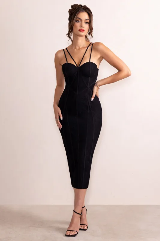 Georgina | Black Lace Contrast Binding Bodycon Midi Dress sold by Club L London