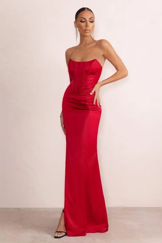 Sensual Notes | Red Satin Strapless Corset Thigh Split Fishtail Maxi Dress sold by Club L London