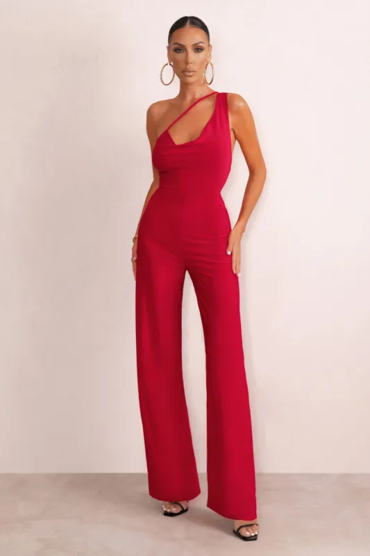 Vienna | Red Asymmetric Cowl Neck Wide Leg Jumpsuit With Open Back Detail sold by Club L London