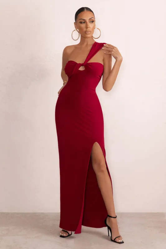 Briella | Burgundy Asymmetric Neck Twist Front Ruched Maxi Dress With Thigh Split sold by Club L London