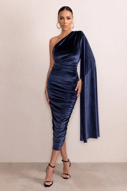 Gloria | Navy Velvet One Shoulder Cape Bodycon Midi Dress sold by Club L London