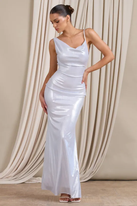 Galaxy Shimmer | Silver Bias Cut Cowl Front Maxi Dress sold by Club L London