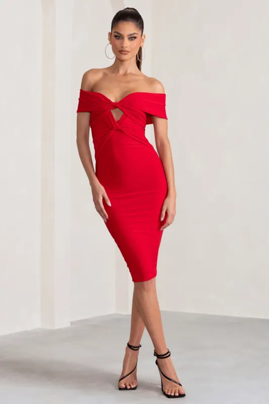 Hadley | Red Twist Detail Bardot Bodycon Midi Dress sold by Club L London