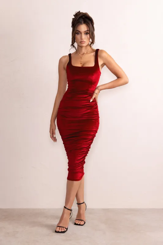 Beauty | Berry Velvet Square Neck Bodycon Midi Dress sold by Club L London