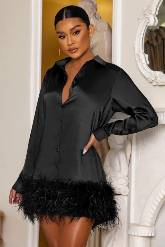 Step It Up | Black Shirt Satin Mini Dress With Feather Trim sold by Club L London