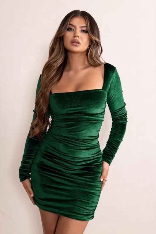 Muse | Bottle Green Velvet Long Sleeve Square Neck Ruched Mini Dress sold by Club L London