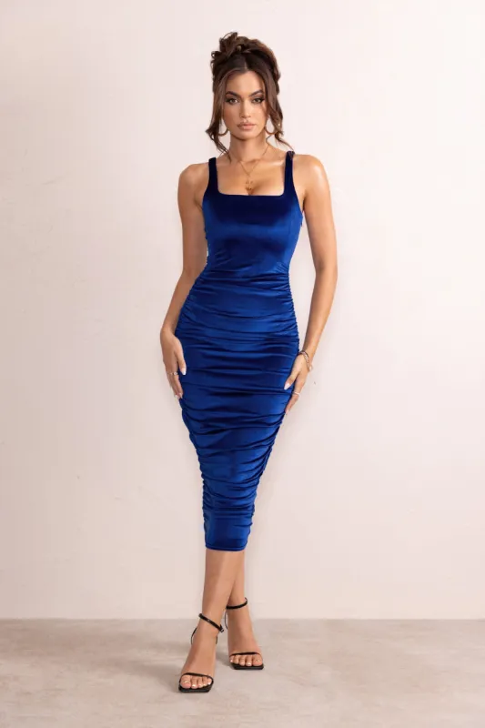Beauty | Royal Blue Velvet Square Neck Bodycon Midi Dress sold by Club L London