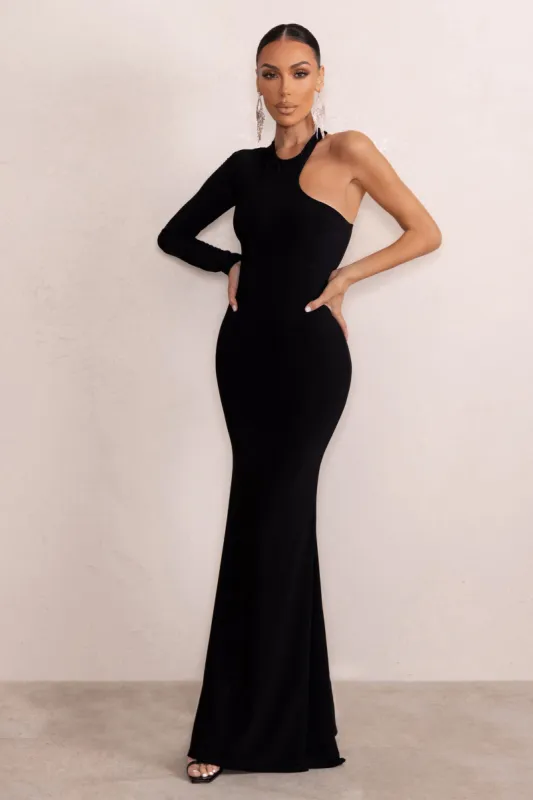 Tyra | Black Asymmetric Neck Cut Out Maxi Dress With Open Back Detail sold by Club L London