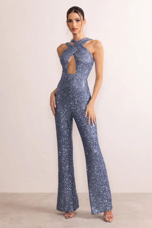 Audrey | Slate Blue Sequin Cross Front Flared Leg Jumpsuit With Keyhole Detail made by Club L London