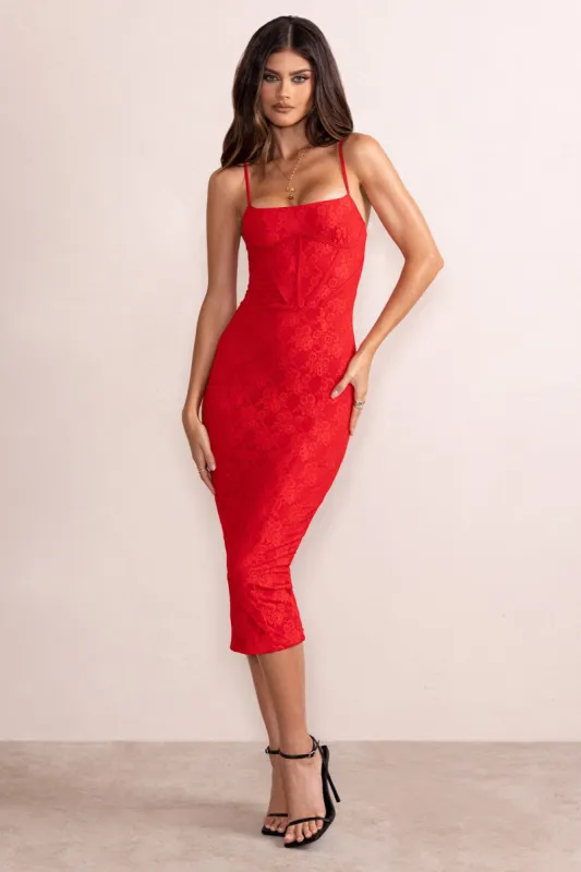 Anele | Red Lace Overlay Corset Midi Dress sold by Club L London