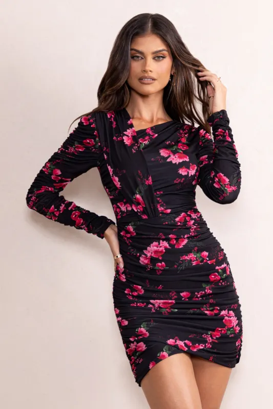 Everly | Black Floral Print High Neckline Ruched Detail Long Sleeve Mini Dress sold by Club L London