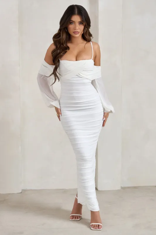 Announcement | White Bardot Mesh Ruched Maxi Dress sold by Club L London