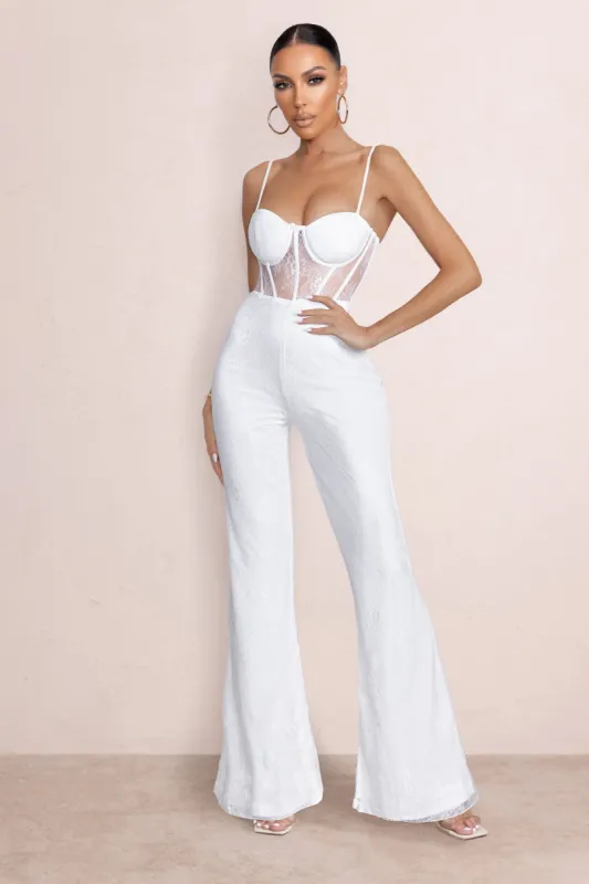First Look | Ivory Lace Corset Bodice Flared Leg Jumpsuit sold by Club L London
