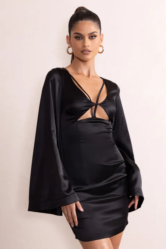 Aubrey | Black Plunge Neck Kimono Sleeve Mini Dress sold by Club L London