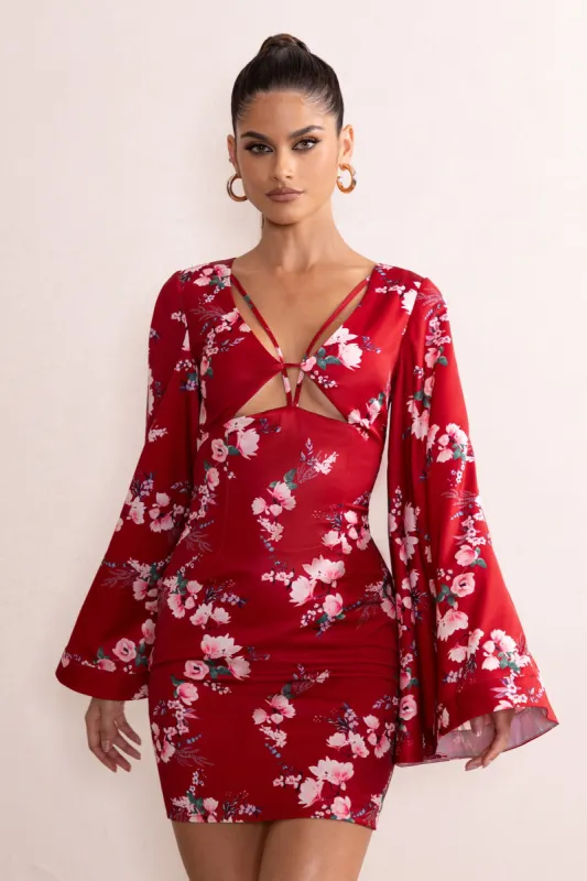 Aubrey | Red Floral Print Plunge Neck Kimono Sleeve Mini Dress sold by Club L London