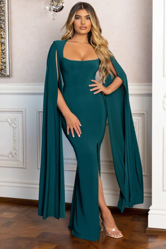 Drama Queen | Bottle Green Square Neck Maxi Dress With Cape Sleeves sold by Club L London