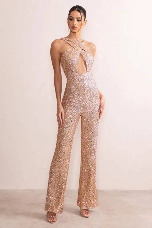 Audrey | Champagne Sequin Cross Front Flared Leg Jumpsuit With Keyhole Detail sold by Club L London
