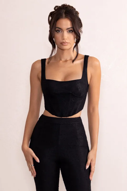 Cyra | Black Lace Square Neck Curved Hem Corset Crop Top sold by Club L London