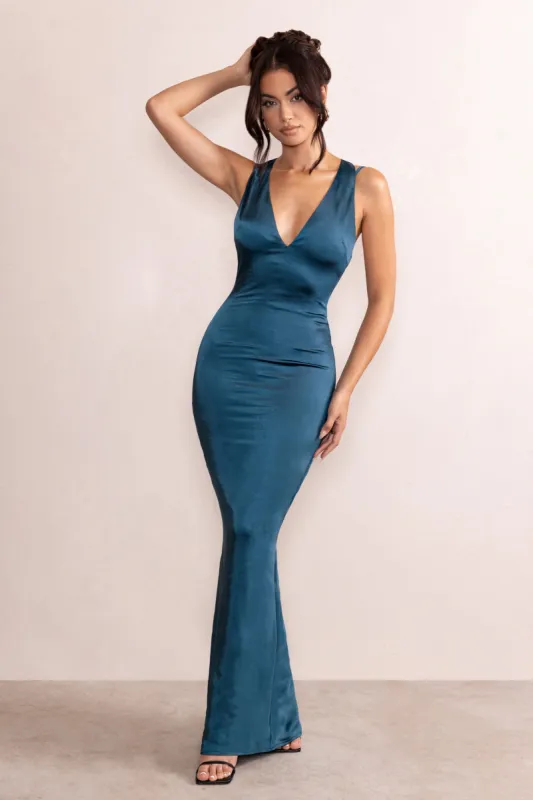Emery | Teal Satin Plunge Neck Strappy Back Maxi Dress sold by Club L London