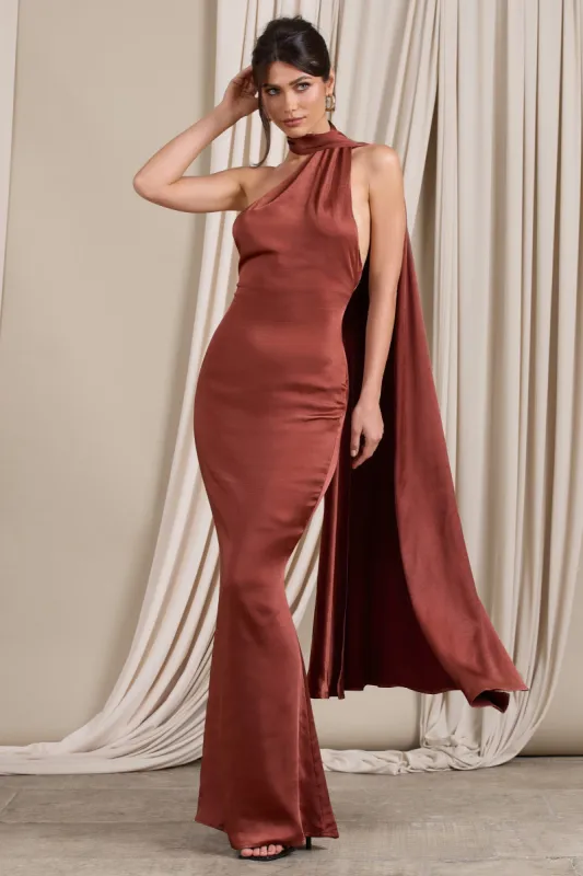 Mademoiselle | Rust Satin Asymmetric Scarf Neck Backless Maxi Dress sold by Club L London