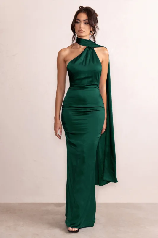 Mademoiselle | Bottle Green Satin Asymmetric Scarf Neck Backless Maxi Dress sold by Club L London