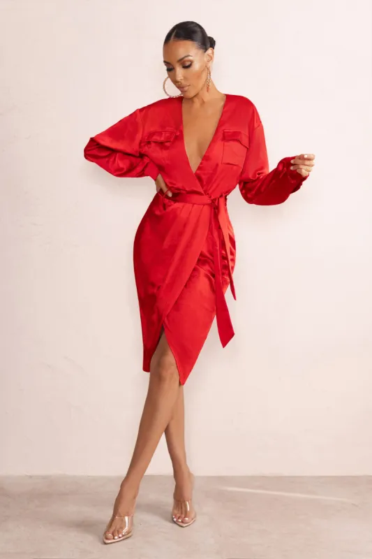 True Romance | Red Satin Plunge Neck Midi Dress With Belt Detail sold by Club L London