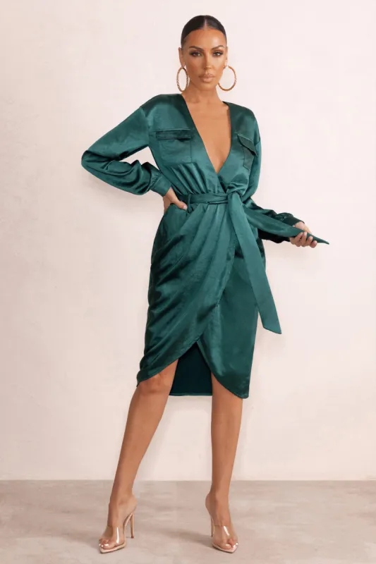 True Romance | Bottle Green Satin Plunge Neck Midi Dress With Belt Detail sold by Club L London