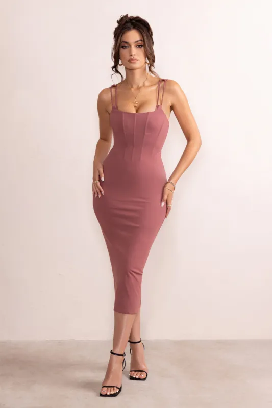 Charming | Terracotta Square Neck Ruched Corset Midi Dress sold by Club L London
