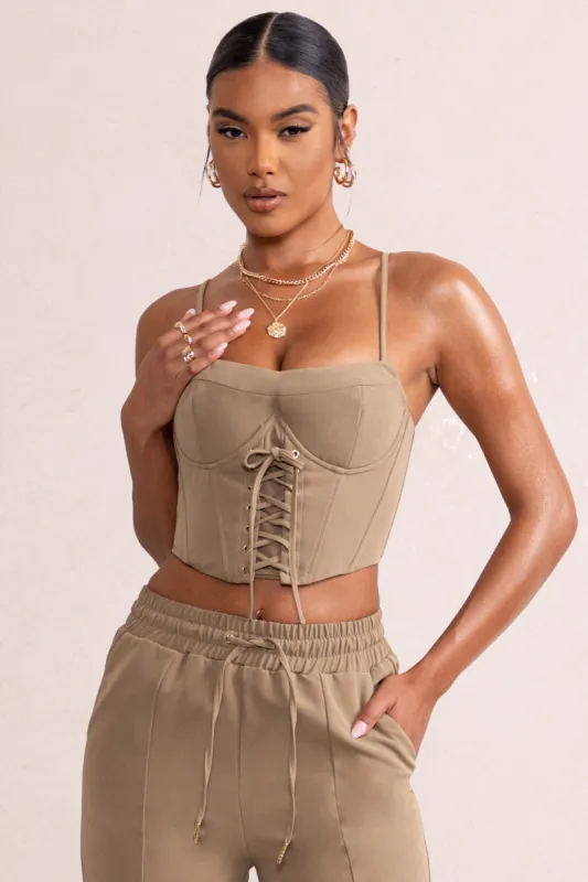 Twilight | Sand Scoop Neck Lace Up Corset Crop Top sold by Club L London