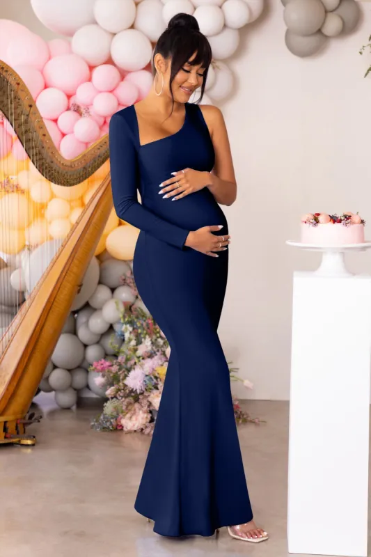 Oh Baby | Navy Maternity One Shoulder Bodycon Maxi Dress sold by Club L London