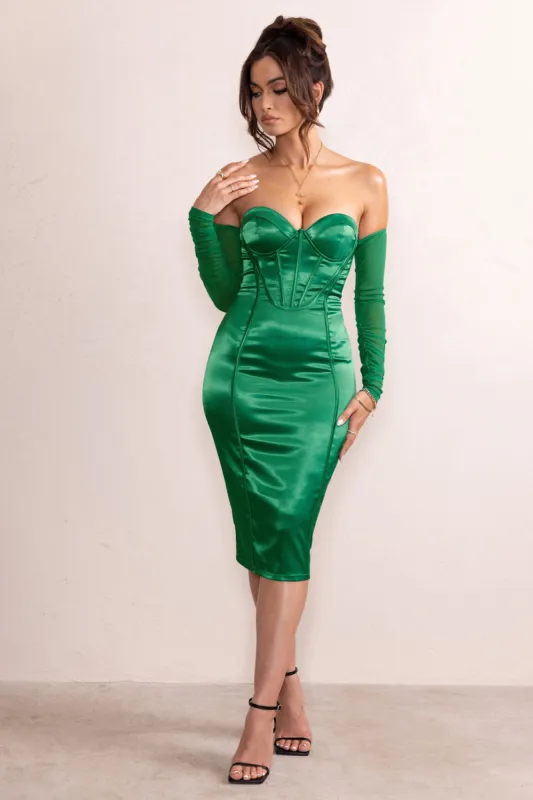 Zya | Emerald Green Satin Bardot Corset Bodice Midi Dress With Mesh Sleeves sold by Club L London