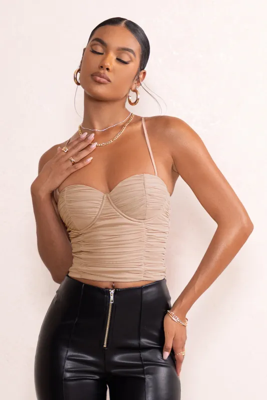 Lyra | Nude Ruched Mesh Top With Bra Cup Detail sold by Club L London