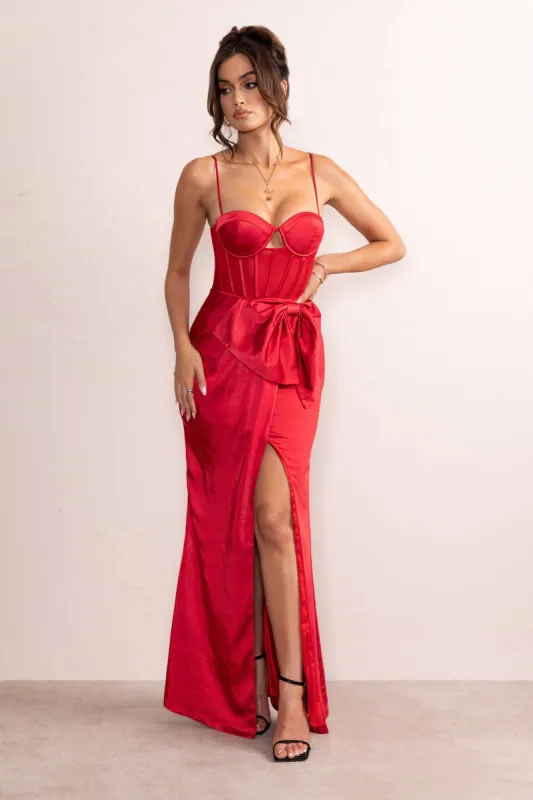 Odette | Red Satin Sweetheart Corset Bow Detail Maxi Dress sold by Club L London