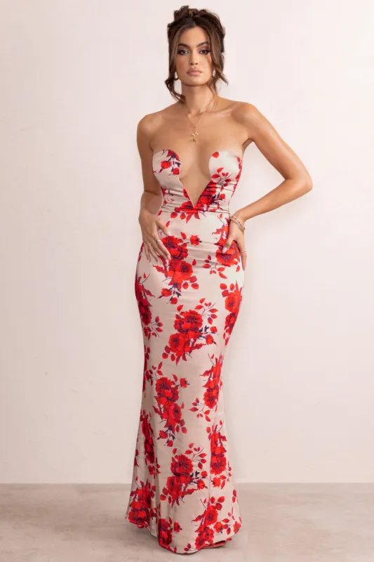Esme | Champagne Floral Print Satin Fishtail Maxi Dress sold by Club L London