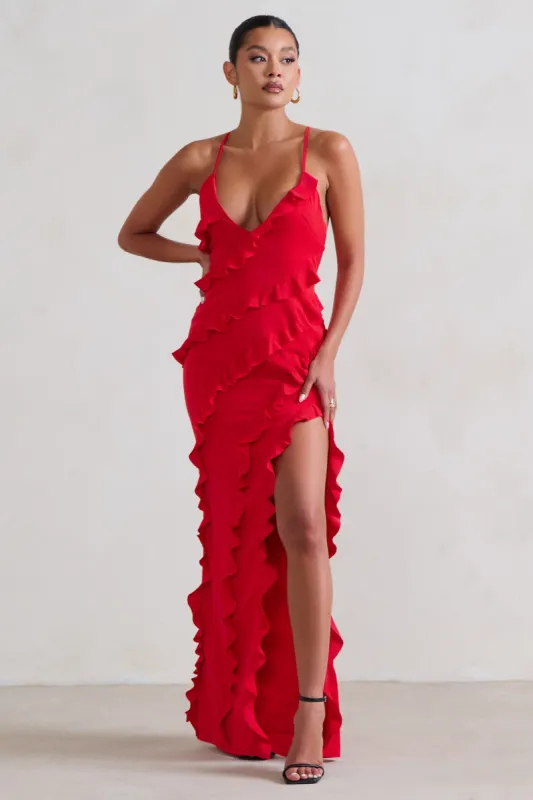 Run The World | Red Plunge Neckline Ruffle Maxi Dress sold by Club L London