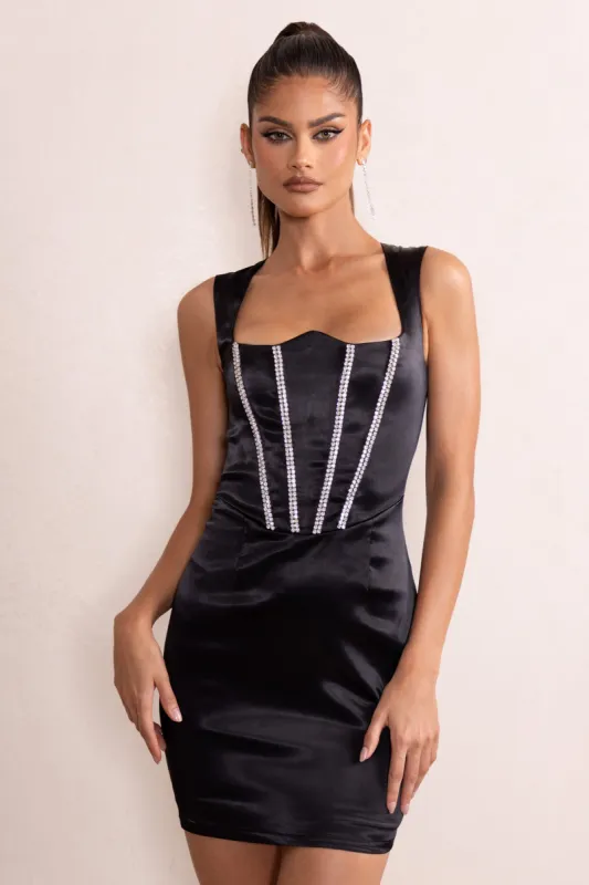 Elyse | Black Satin Reverse Sweetheart Neckline Corset Mini Dress With Diamante Detail sold by Club L London