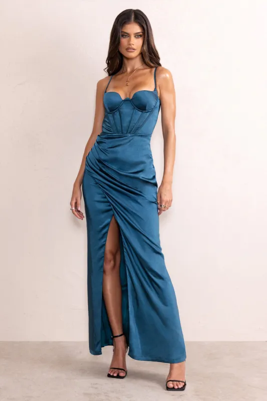 Alessandra | Teal Satin Cupped Corset Bodice Maxi Dress With Thigh Split sold by Club L London