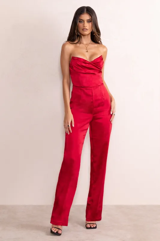 Amiah | Berry Red Satin Strapless Straight Leg Jumpsuit sold by Club L London
