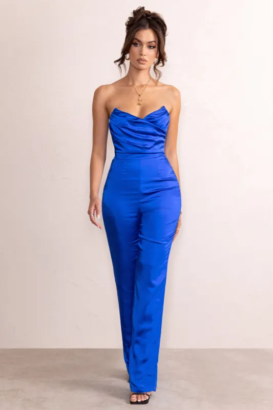 Amiah | Cobalt Blue Satin Strapless Straight Leg Jumpsuit sold by Club L London