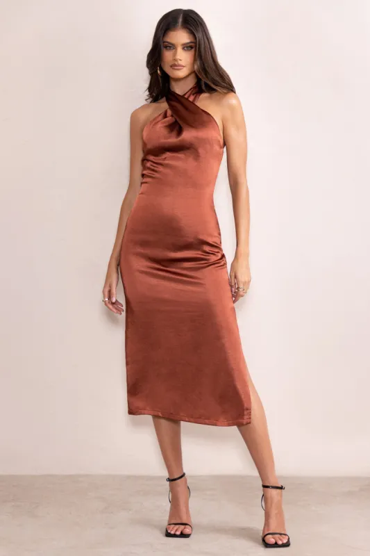 Dazzling | Rust Satin Cross Over Halter Neck Midi Dress sold by Club L London