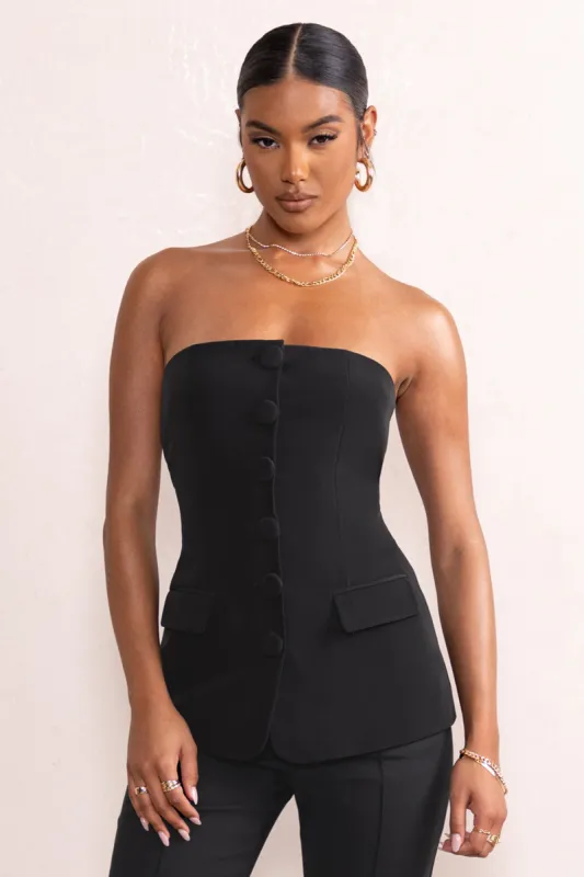 Elliana | Black Strapless Button Front Tailored Top sold by Club L London