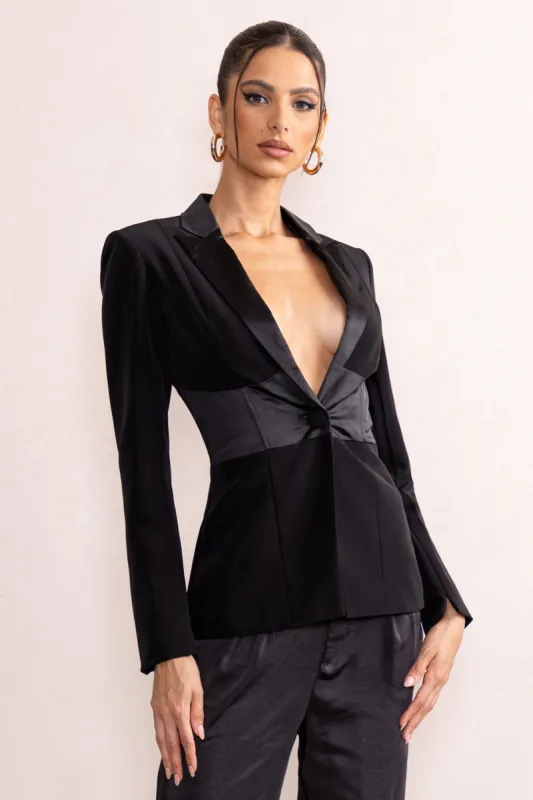 Helena | Black Plunge Neck Contrast Corset Satin Fitted Blazer sold by Club L London