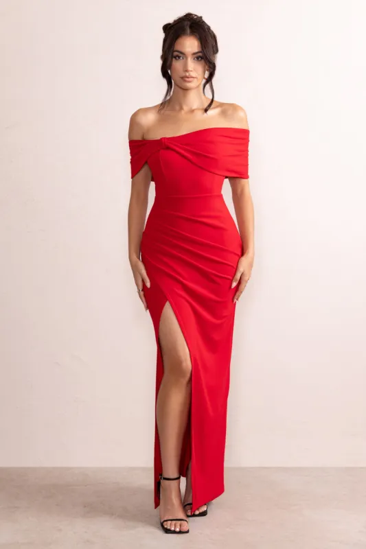 Eva | Red Bardot Bow Detail Maxi Dress With Thigh Split sold by Club L London