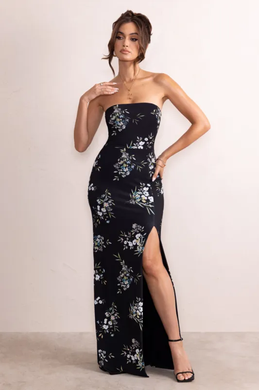 Camila | Black Floral Print Strapless Maxi Dress With Thigh Split sold by Club L London