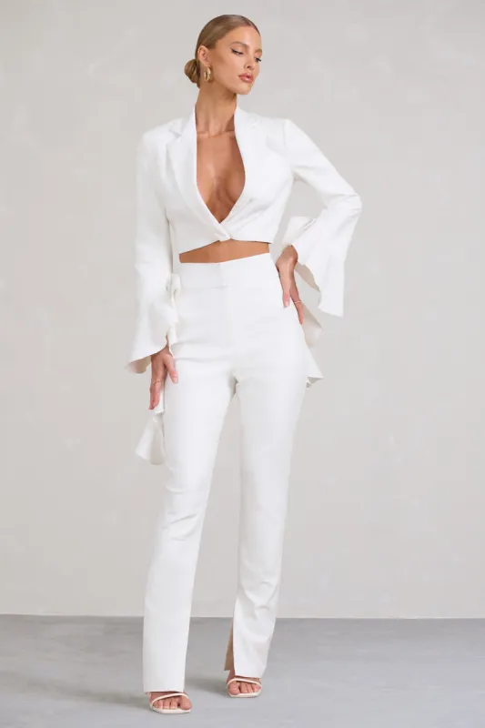 Addilyn | White Cotton-Blend Tailored Straight-Leg Split Trousers sold by Club L London