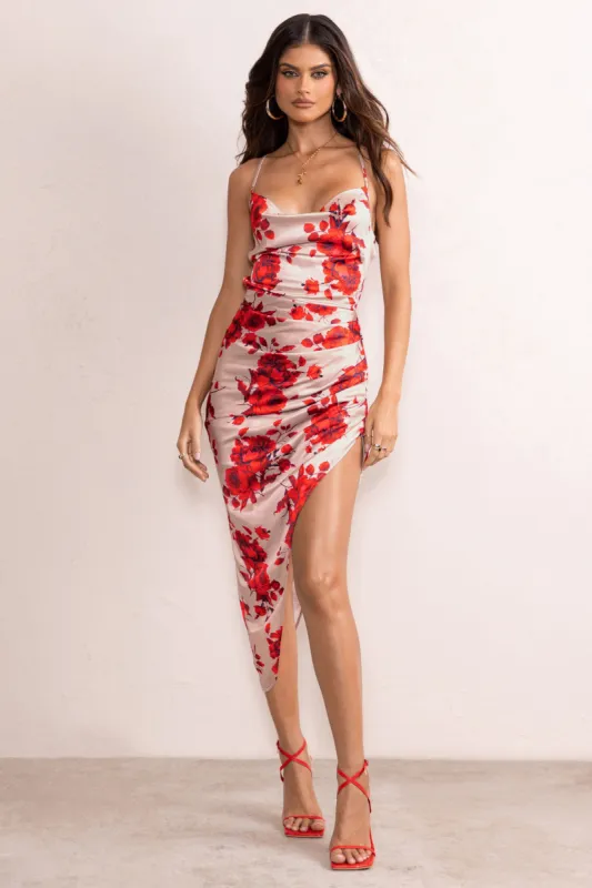 Risk It All | Champagne Floral Print Cami Cowl Neck Satin Asymmetric Hem Midi Dress sold by Club L London