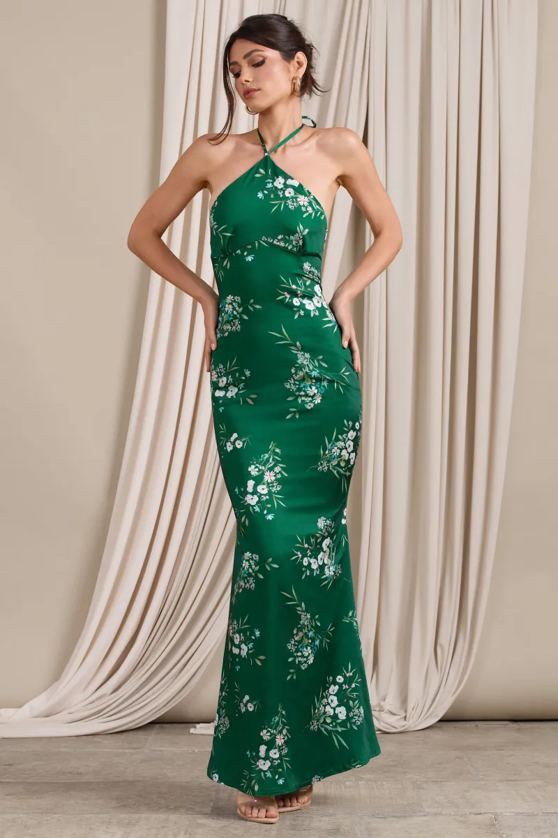 Grandeur | Green Floral Print Satin Halterneck Maxi Dress sold by Club L London