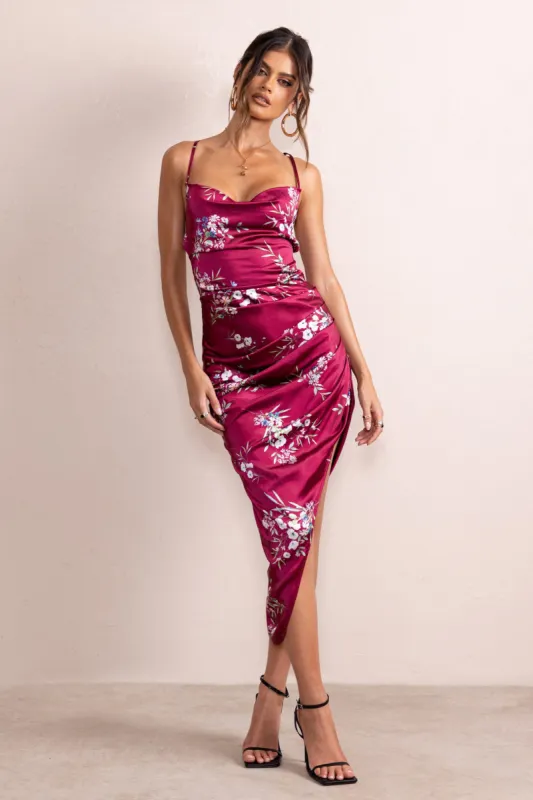 Risk It All | Berry Floral Print Cami Cowl Neck Satin Asymmetric Hem Midi Dress sold by Club L London