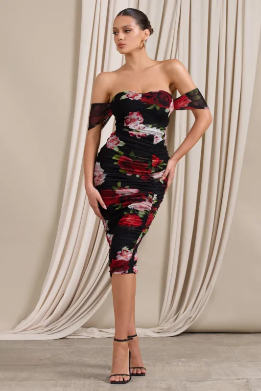 Gracious | Black Floral Print Bardot Ruched Mesh Bodycon Midi Dress sold by Club L London