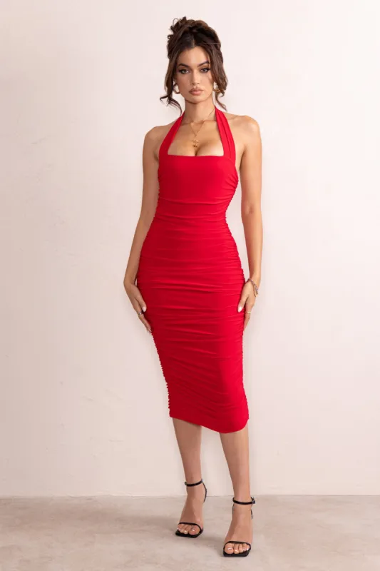 Letitia | Red Halter Neck Ruched Bodycon Midi Dress sold by Club L London